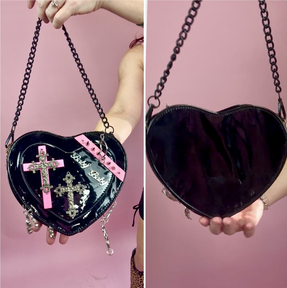 Black Glossy PVC Hot Pink Heart Punk Bag Spiked Cross Chain Strap Y2K Glam Goth